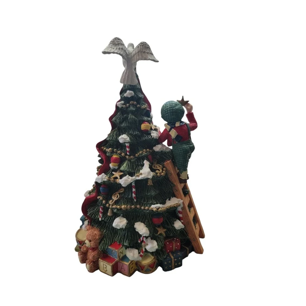 Musical Christmas Tree Figurine Boy on Ladder Joy to the World Green ReExcellent